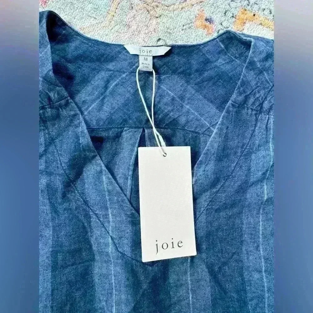 NWT Joie Blue Striped Dyer Linen Blend V-Neck Shift Tunic Dress Sz Medium - Picture 4 of 6